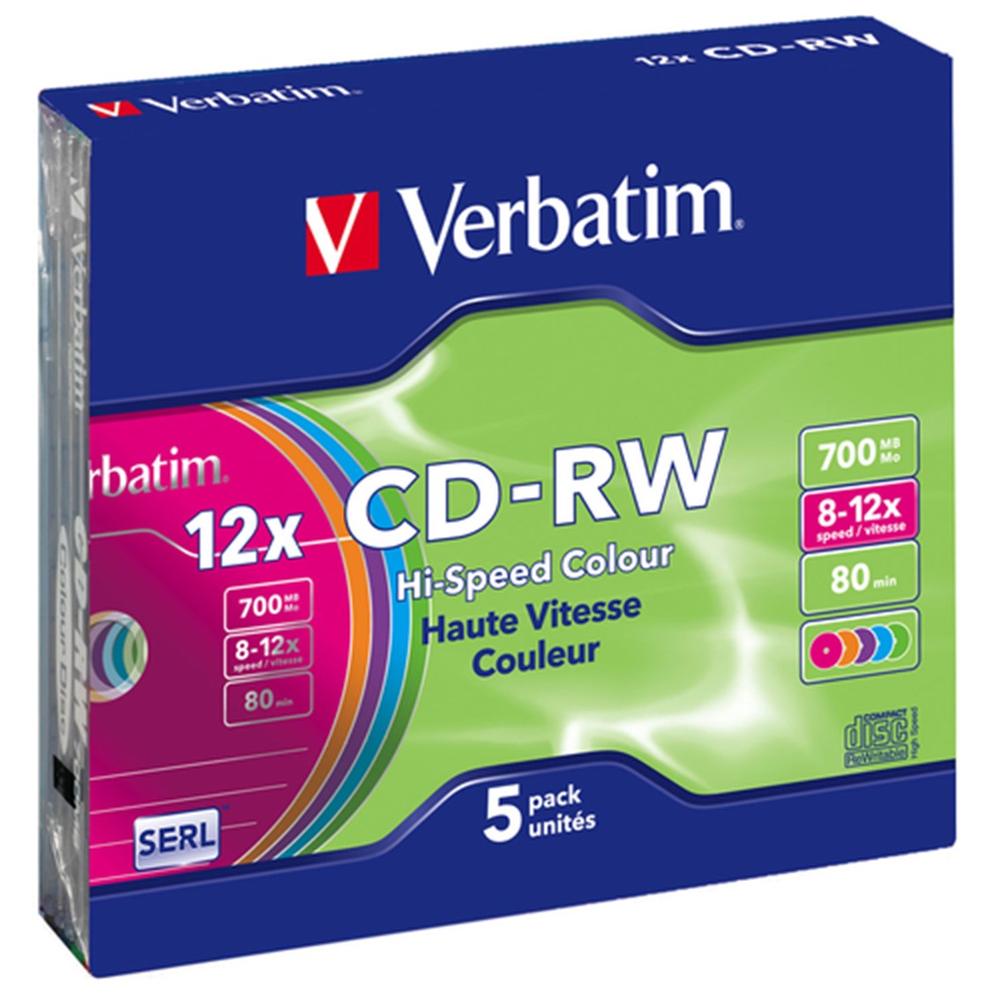 VERBATIM CD-RW 700Mb 8X-10X TARRINA 5 UNIDADES SLIM COLORES