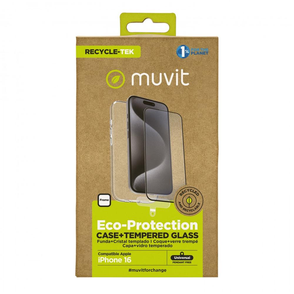 FUNDA MUVIT RECYCLETEK PARA APPLE IPHONE 16 TRANSPARENTE + PROTECTOR CRISTAL TEMPLADO MARCO NEGRO