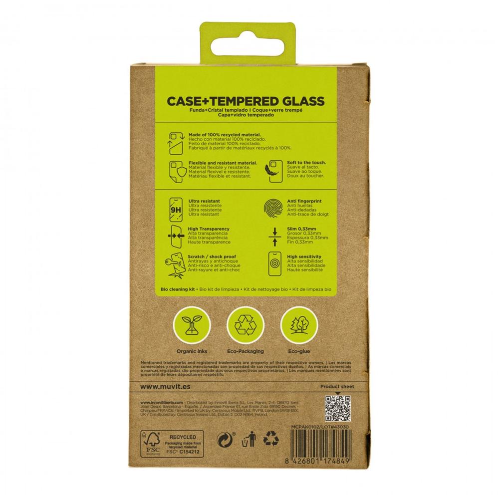 FUNDA MUVIT RECYCLETEK PARA APPLE IPHONE 16 PRO TRANSPARENTE + PROTECTOR CRISTAL TEMPLADO MARCO NEGRO