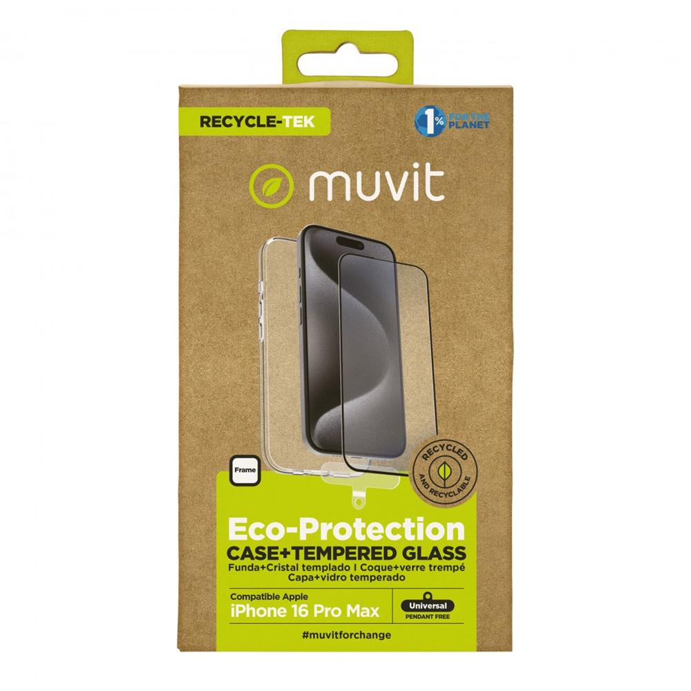 FUNDA MUVIT RECYCLETEK PARA APPLE IPHONE 16 PRO MAX TRANSPARENTE + PROTECTOR CRISTAL TEMPLADO MARCO NEGRO