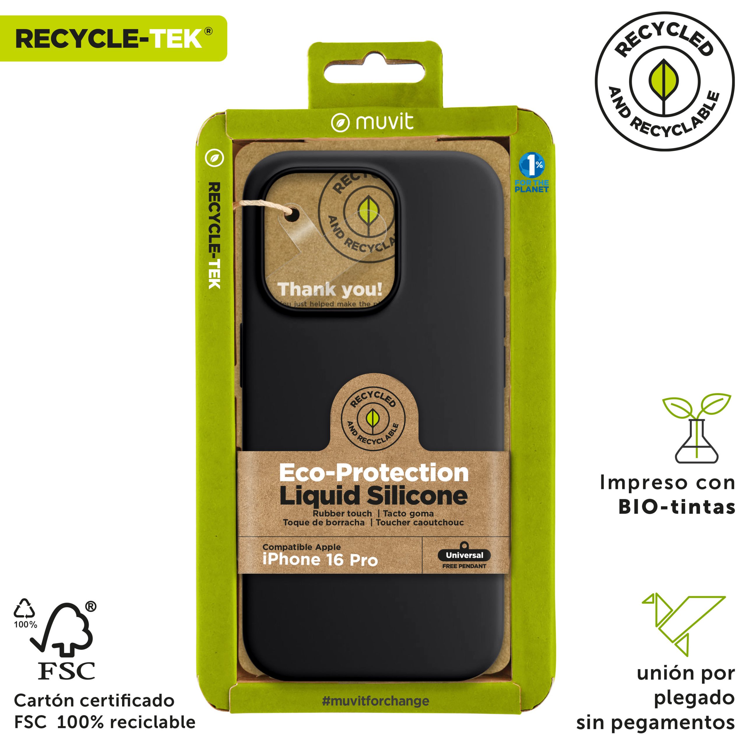FUNDA MUVIT RECYCLETEK LIQUID SILICONE PARA APPLE IPHONE 16 PRO MAX NEGRA