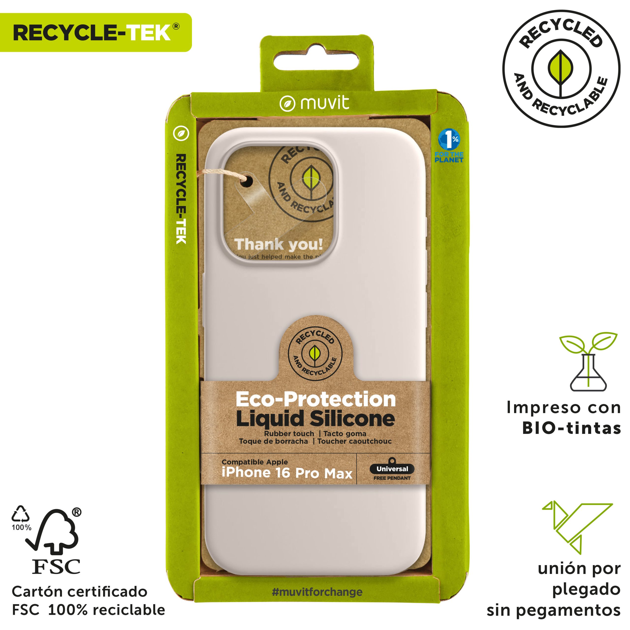 FUNDA MUVIT RECYCLETEK LIQUID SILICONE PARA APPLE IPHONE 16 PRO MAX NUDE