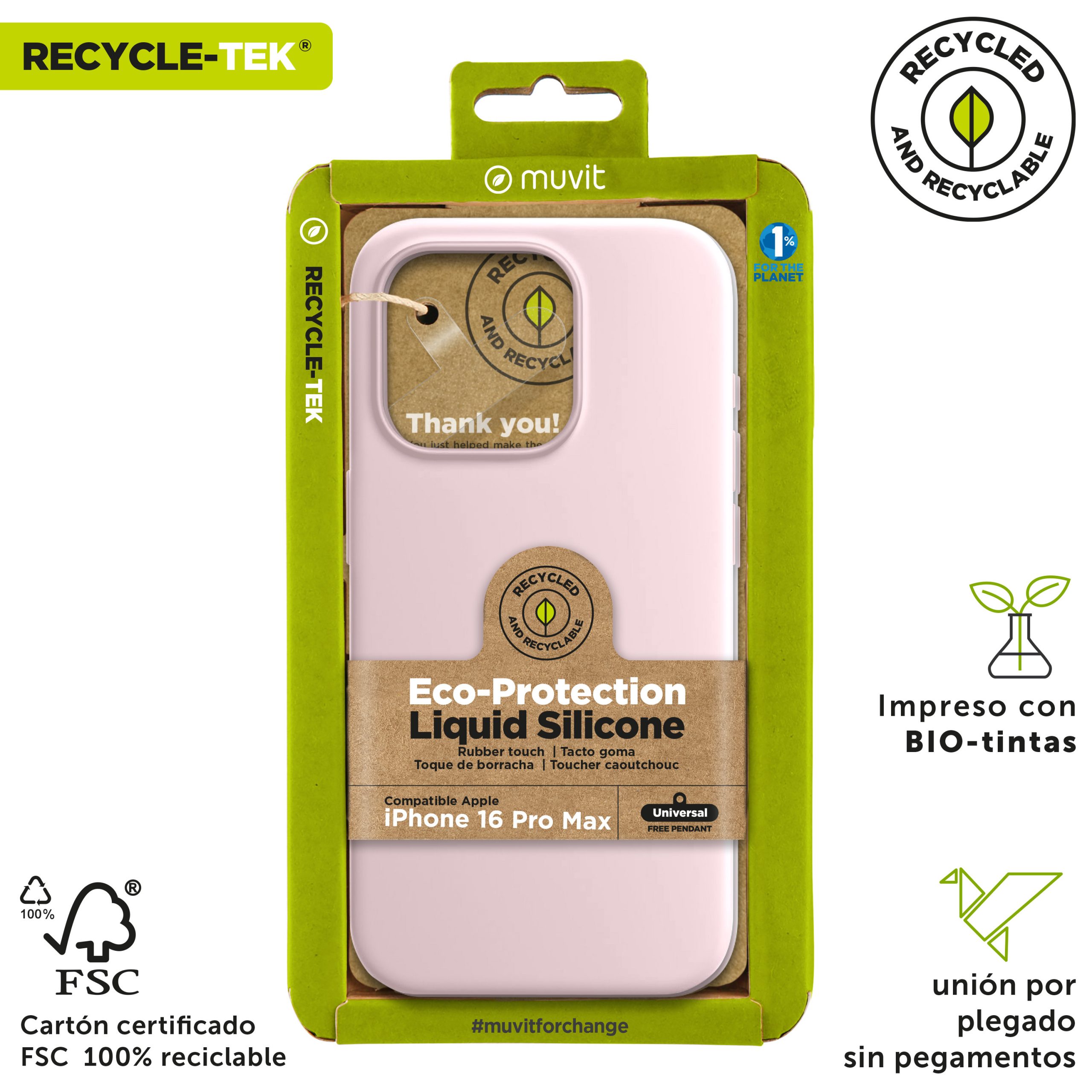 FUNDA MUVIT RECYCLETEK LIQUID SILICONE PARA APPLE IPHONE 16 PRO MAX ROSA