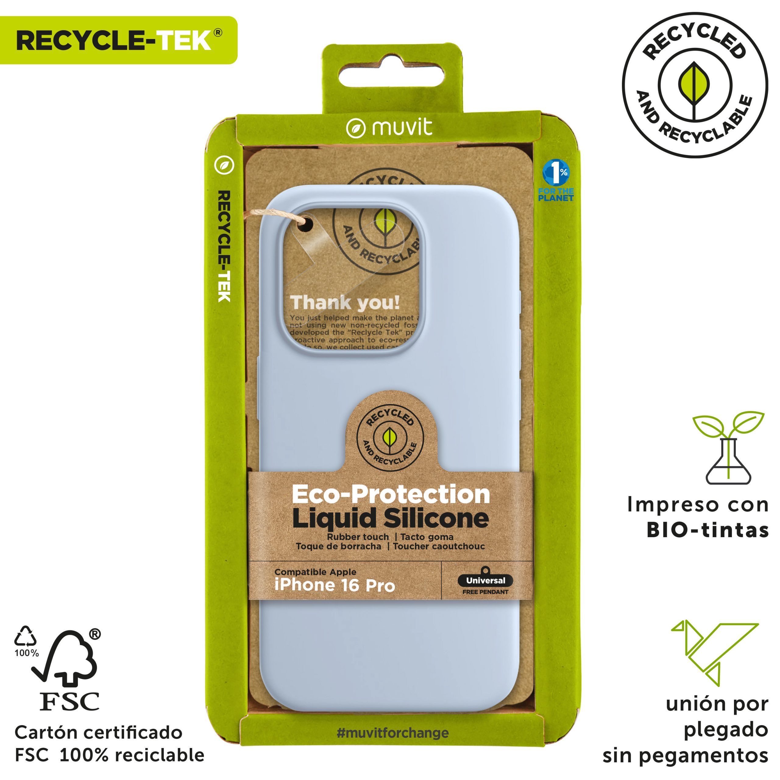 FUNDA MUVIT RECYCLETEK LIQUID SILICONE PARA APPLE IPHONE 16 PRO AZUL CIELO