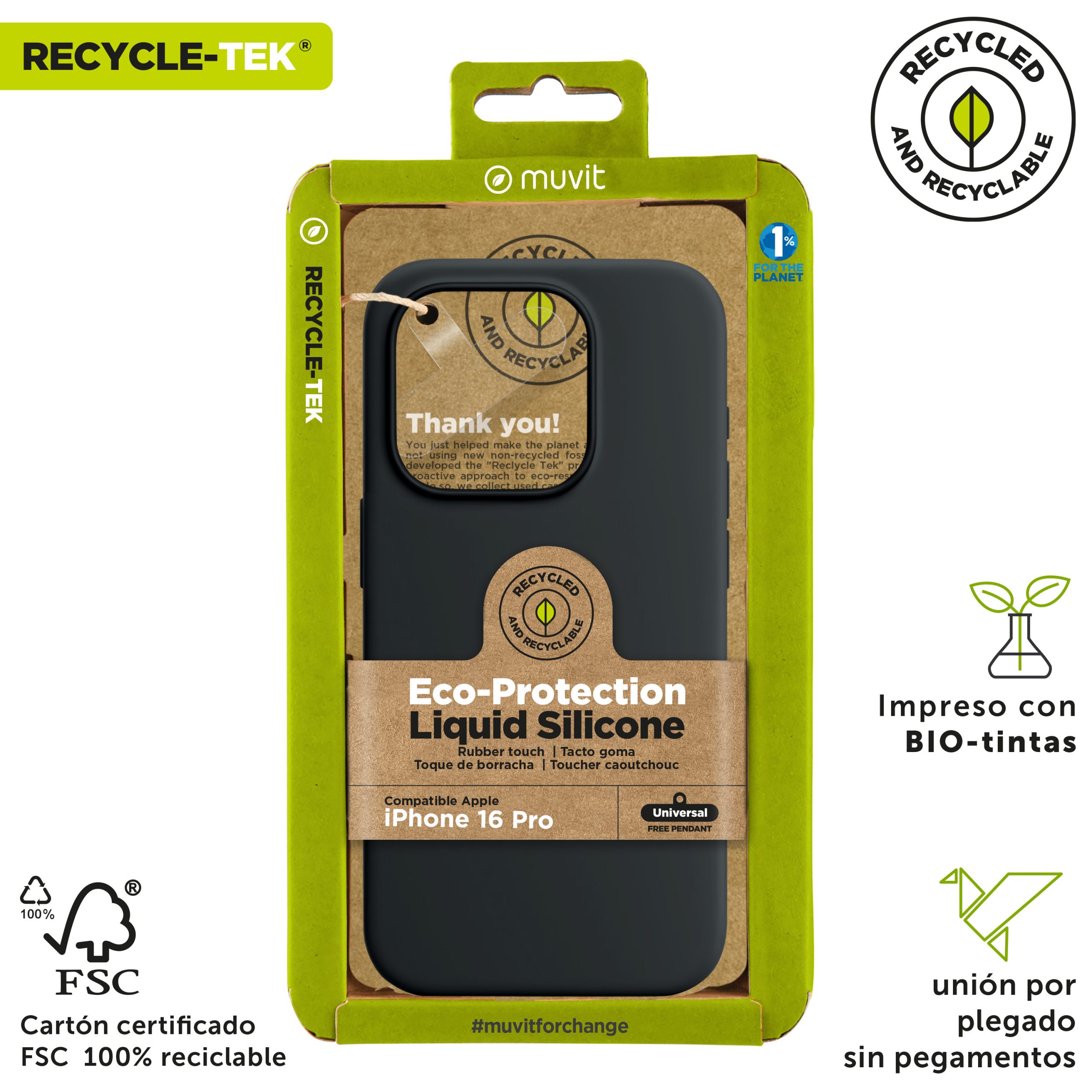 FUNDA MUVIT RECYCLETEK LIQUID SILICONE PARA APPLE IPHONE 16 PRO NEGRA