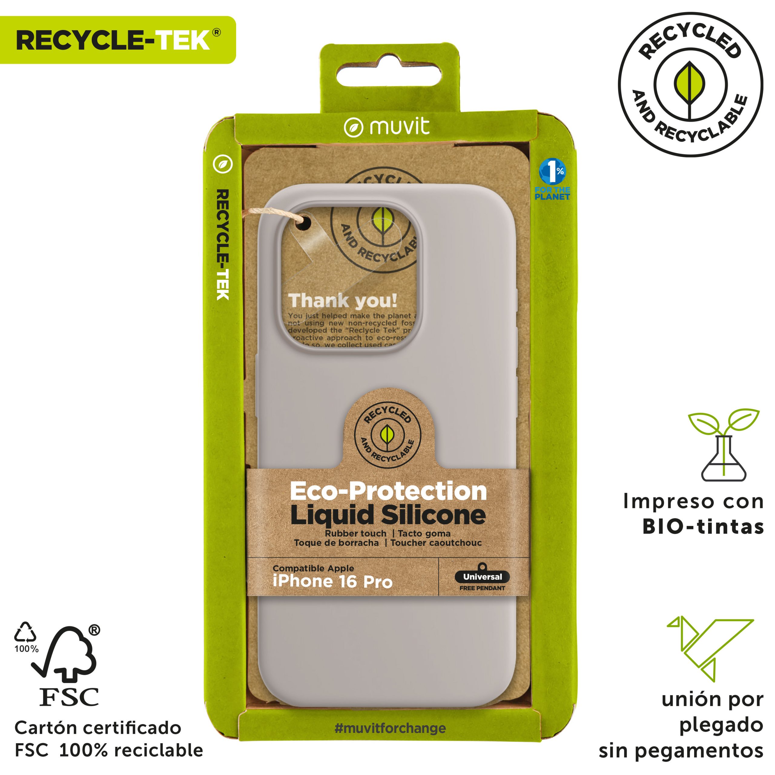 FUNDA MUVIT RECYCLETEK LIQUID SILICONE PARA APPLE IPHONE 16 PRO NUDE