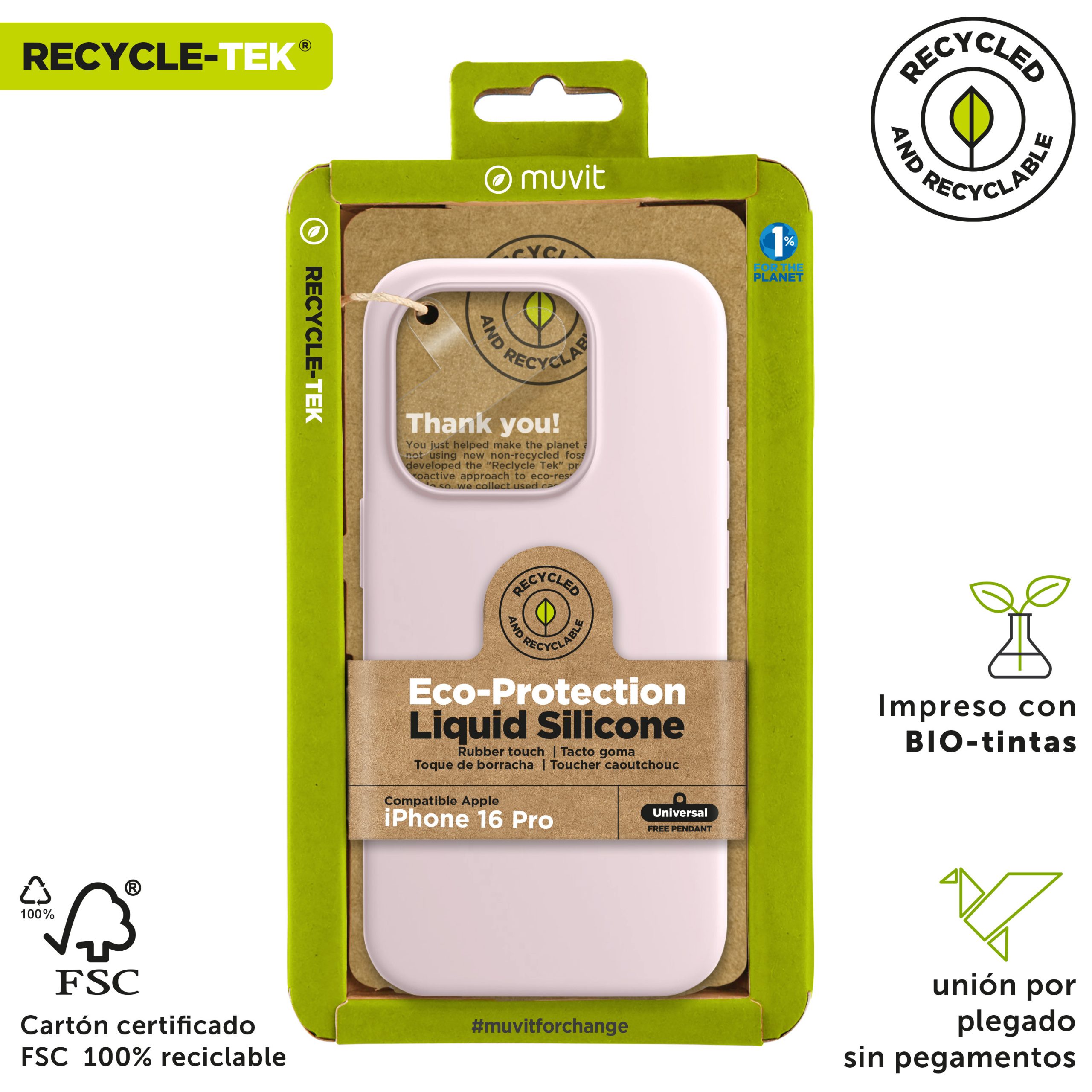 FUNDA MUVIT RECYCLETEK LIQUID SILICONE PARA APPLE IPHONE 16 PRO ROSA