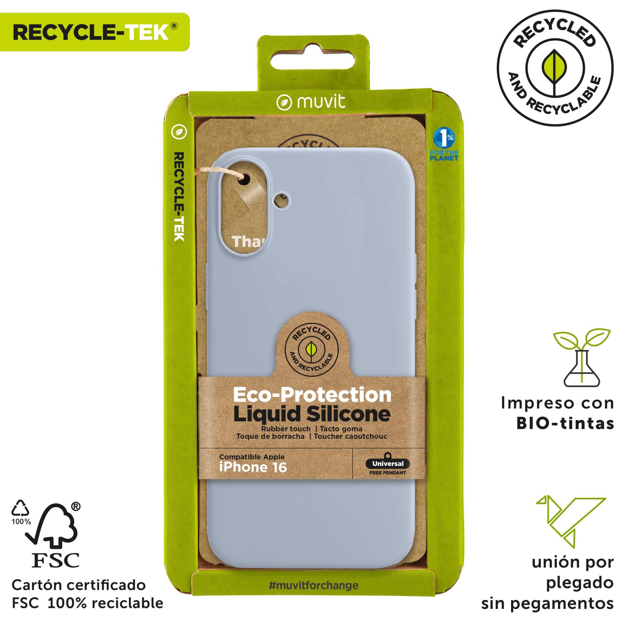 FUNDA MUVIT RECYCLETEK LIQUID SILICONE PARA APPLE IPHONE 16 AZUL CIELO