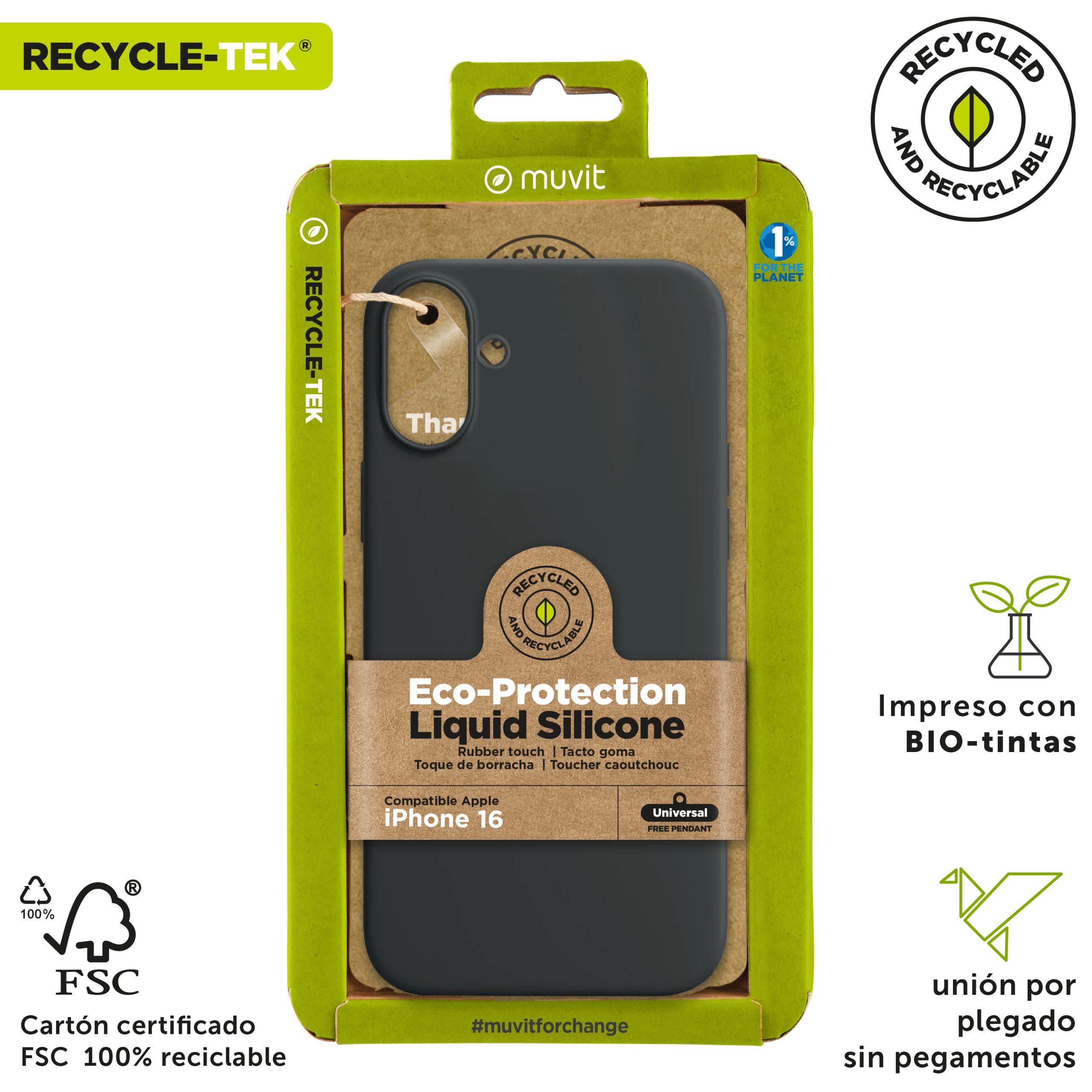 FUNDA MUVIT RECYCLETEK LIQUID SILICONE PARA APPLE IPHONE 16 NEGRA