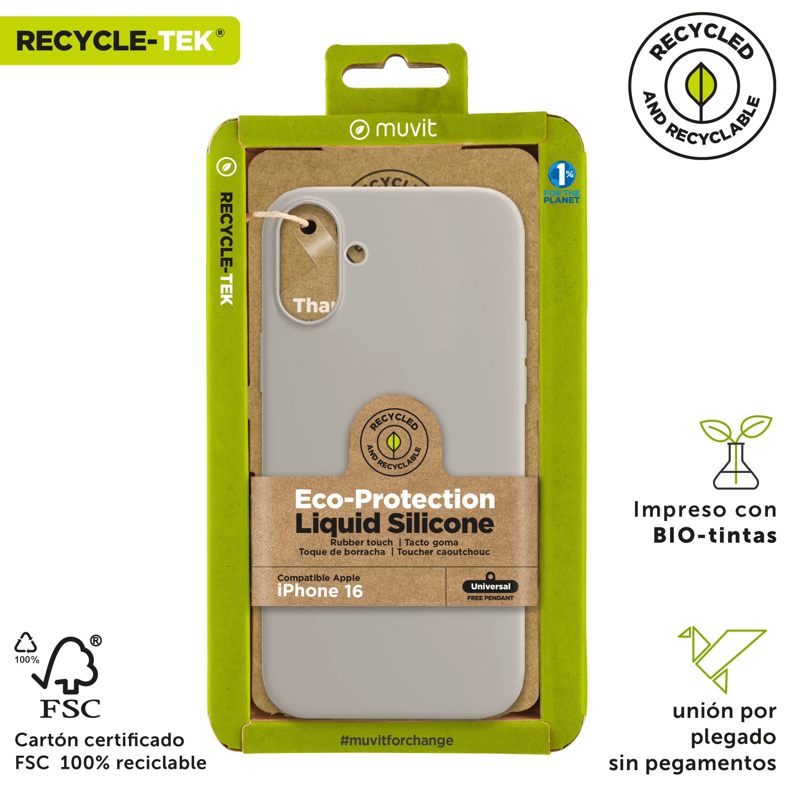 FUNDA MUVIT RECYCLETEK LIQUID SILICONE PARA APPLE IPHONE 16 NUDE