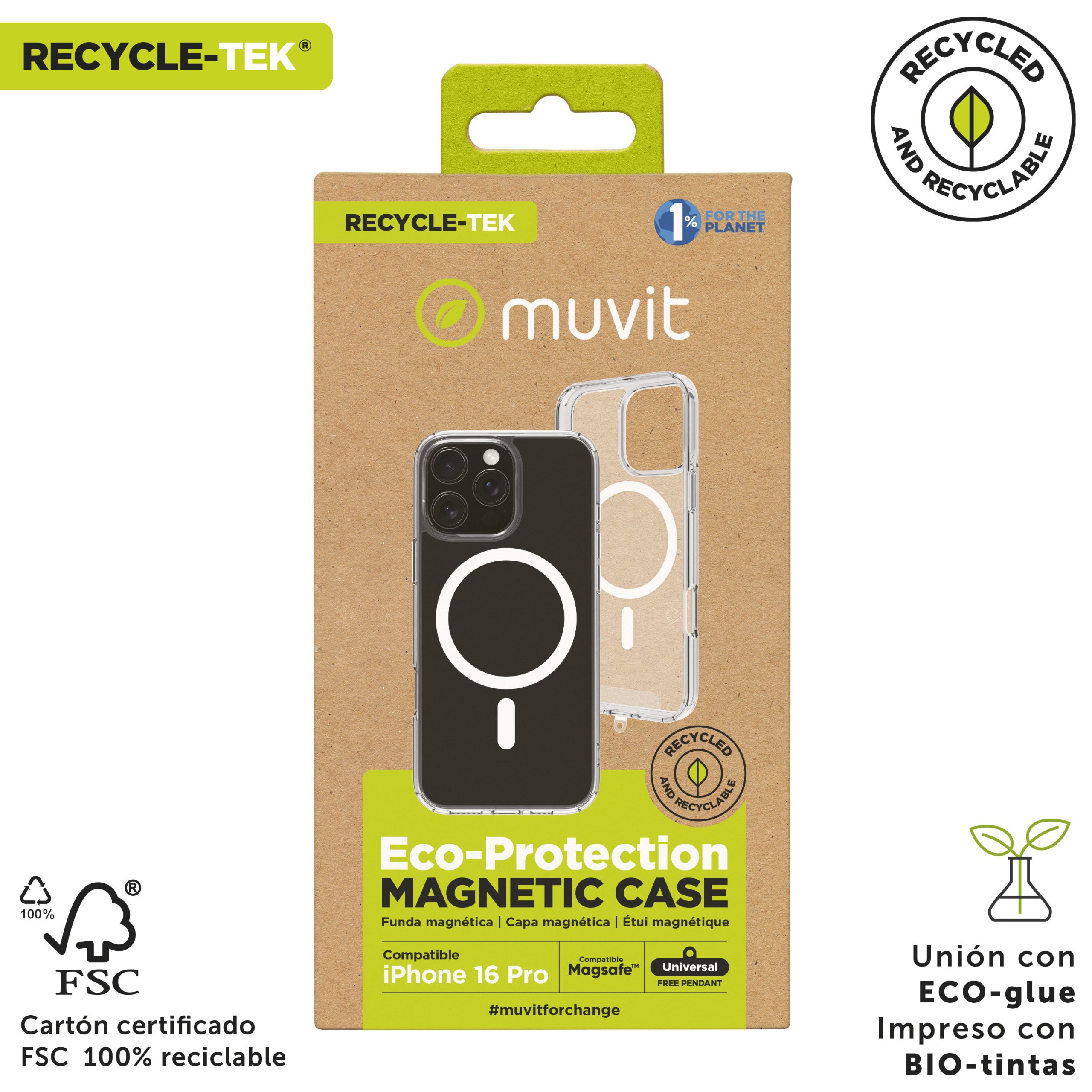 FUNDA MUVIT RECYCLETEK MAGSAFE PARA APPLE IPHONE 16 PRO TRANSPARENTE