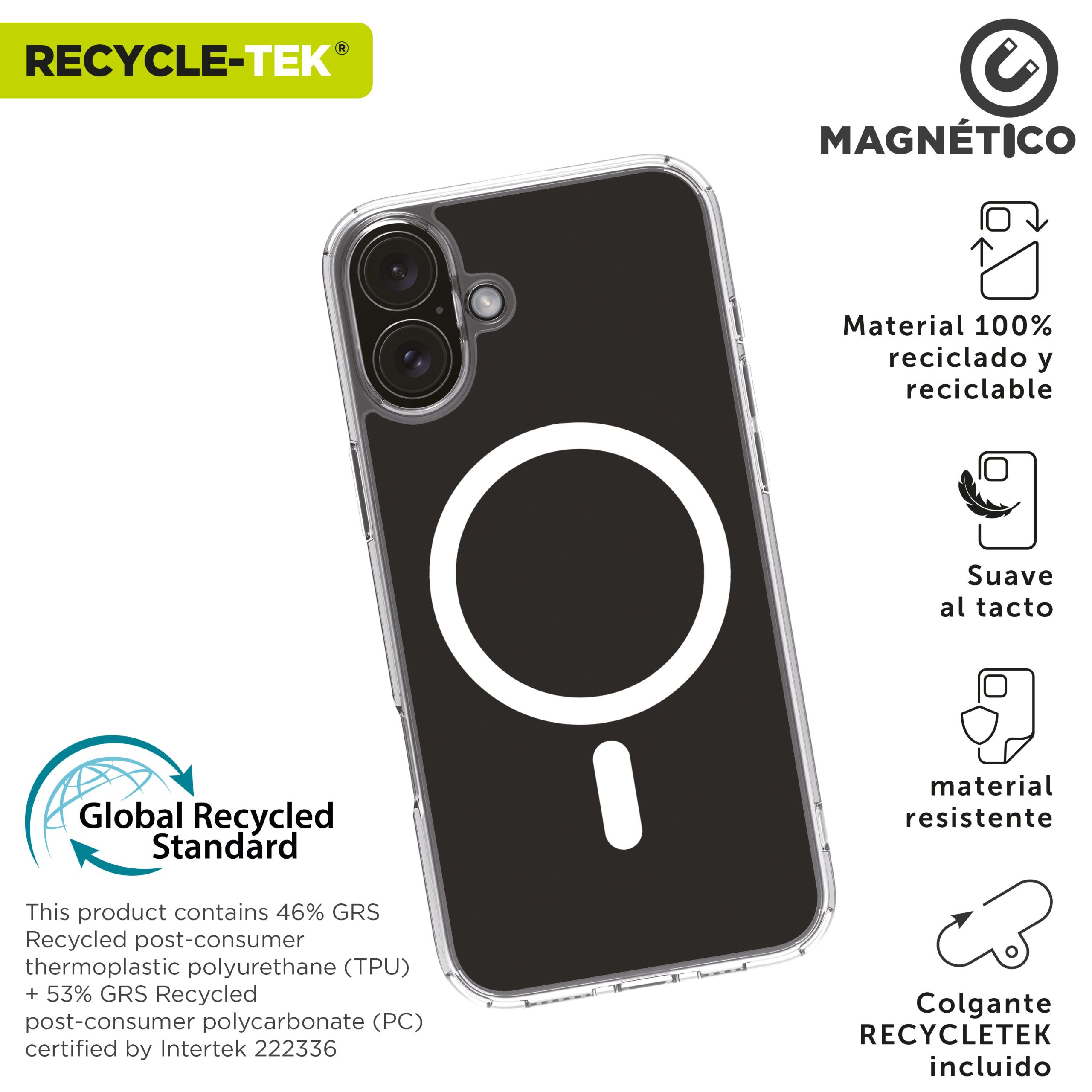 FUNDA MUVIT RECYCLETEK MAGSAFE PARA APPLE IPHONE 16 TRANSPARENTE