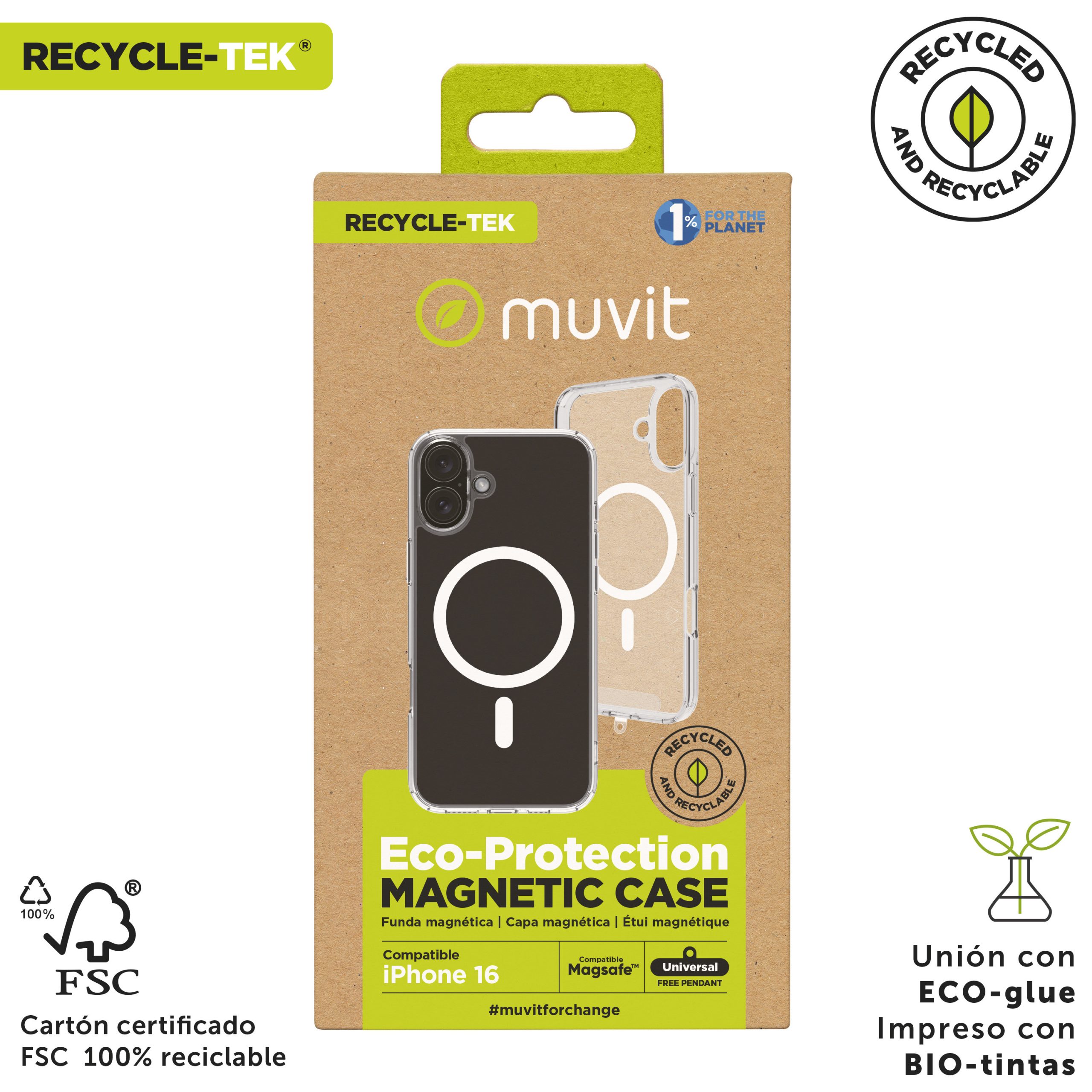 FUNDA MUVIT RECYCLETEK MAGSAFE PARA APPLE IPHONE 16 TRANSPARENTE