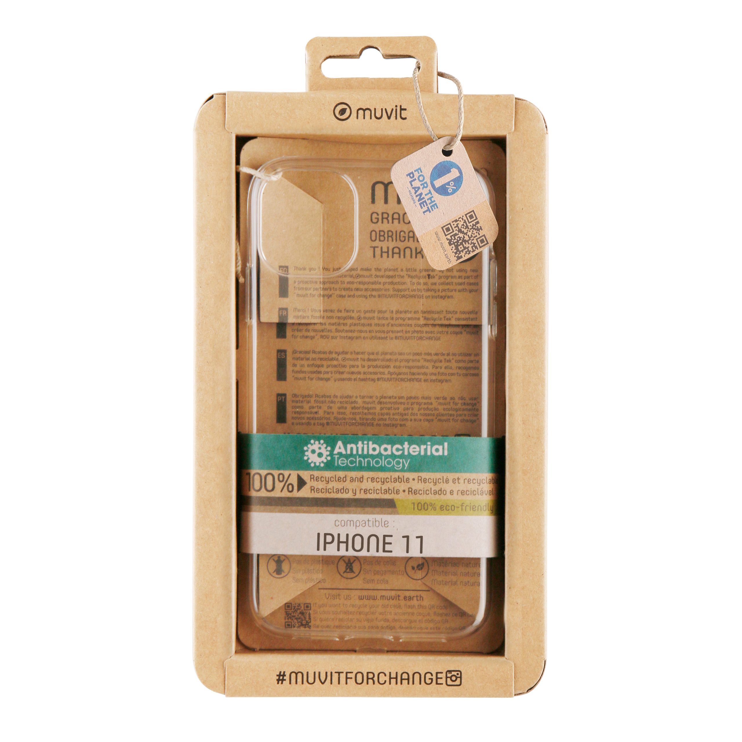 FUNDA MUVIT RECYCLETEK ANTIBACTERIANA PARA APPLE IPHONE 11 TRANSPARENTE