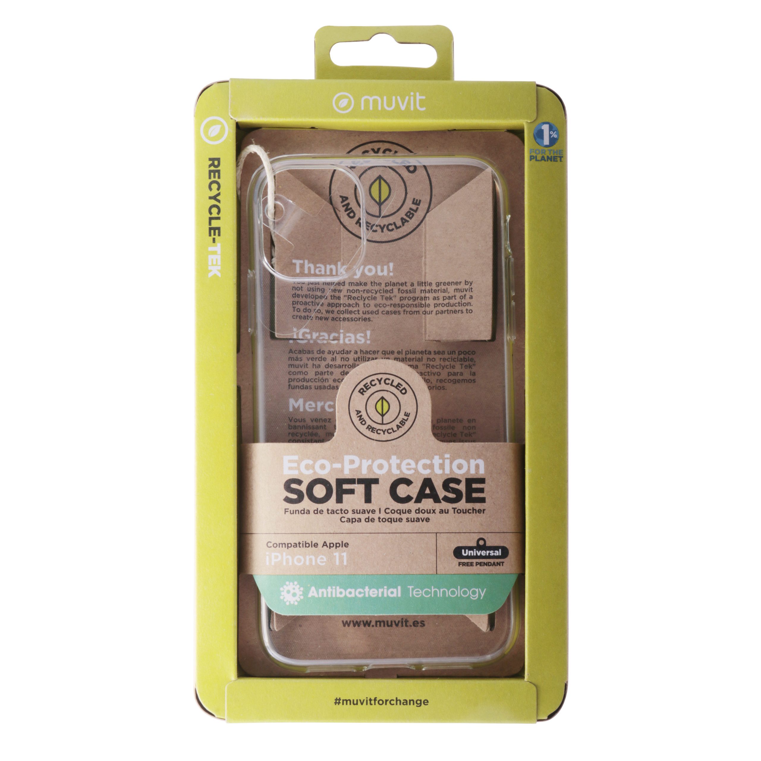 FUNDA MUVIT RECYCLETEK ANTIBACTERIANA PARA APPLE IPHONE 11 TRANSPARENTE