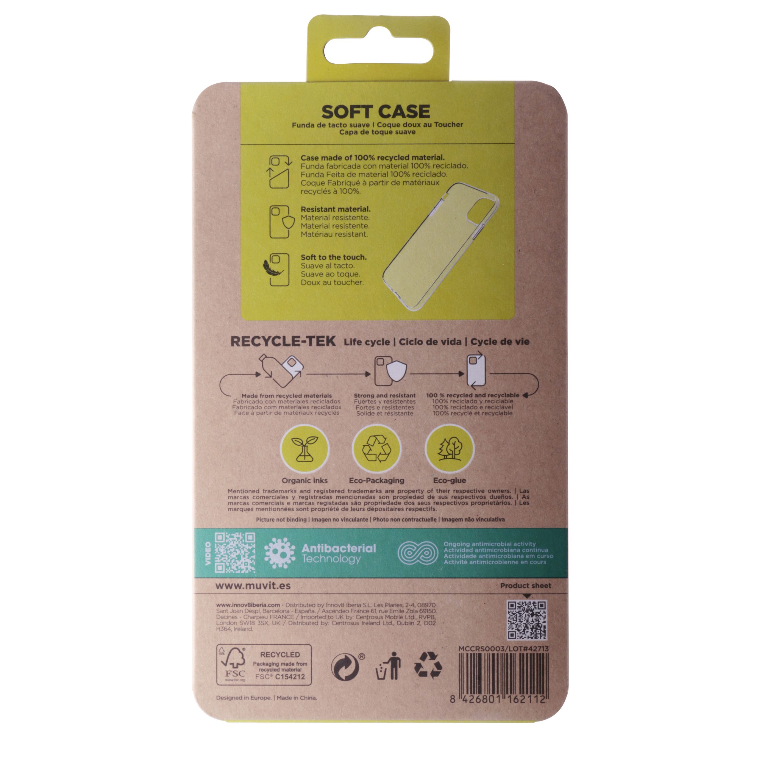 FUNDA MUVIT RECYCLETEK ANTIBACTERIANA PARA APPLE IPHONE 11 TRANSPARENTE