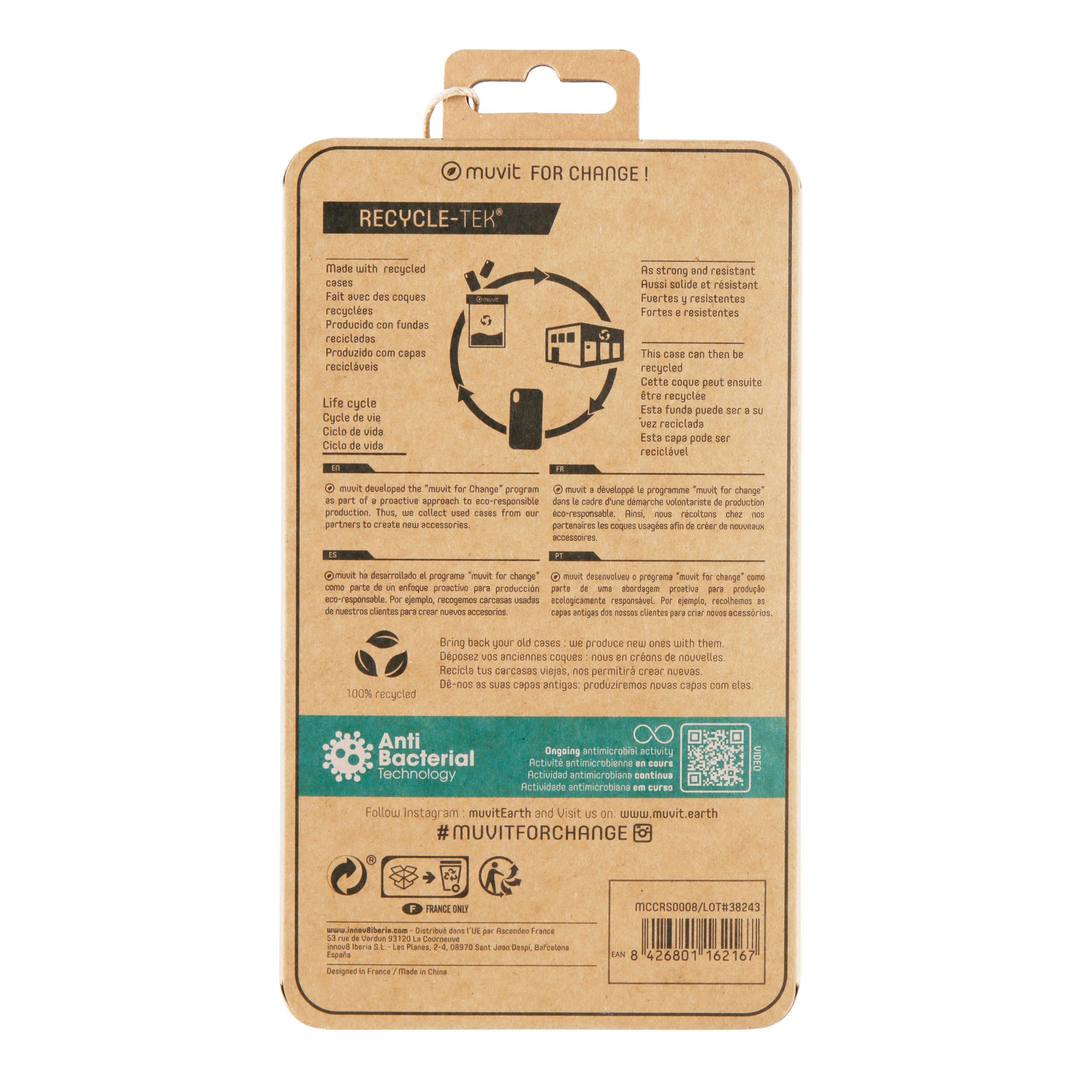 FUNDA MUVIT RECYCLETEK ANTIBACTERIANA PARA APPLE IPHONE SE/8/7 TRANSPARENTE