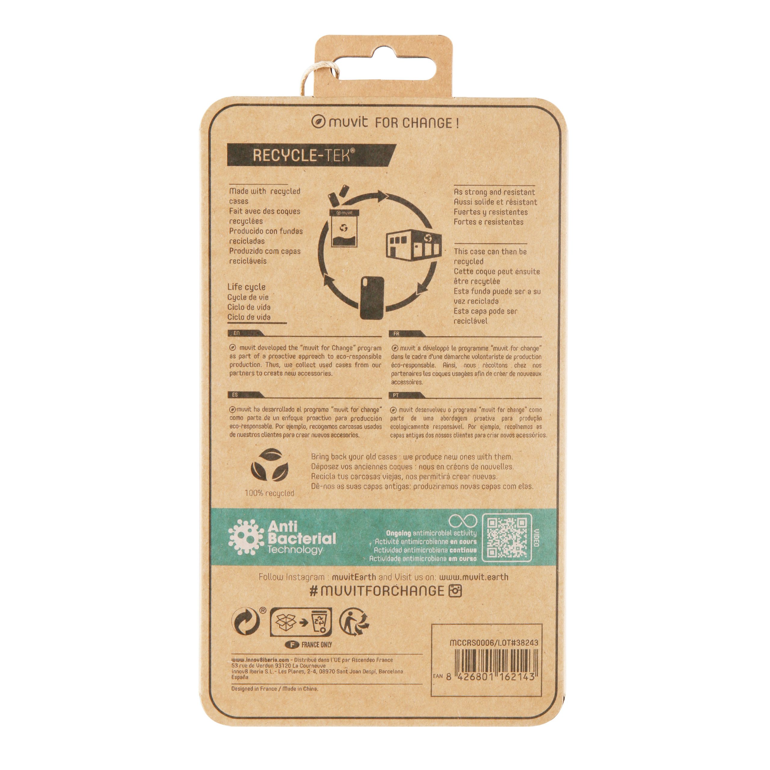 FUNDA MUVIT RECYCLETEK ANTIBACTERIANA PARA APPLE IPHONE X/XS TRANSPARENTE