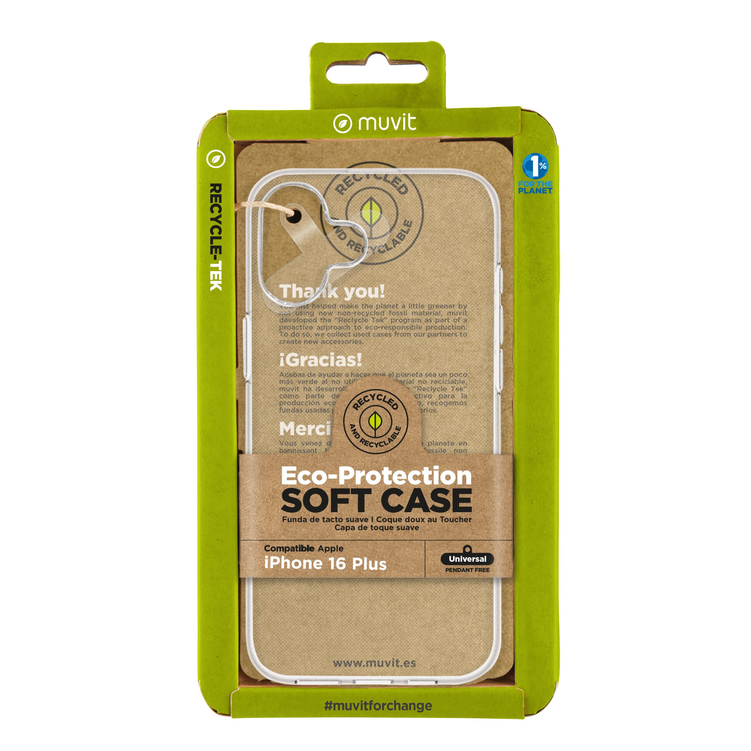 FUNDA MUVIT RECYCLETEK PARA APPLE IPHONE 16 PLUS TRANSPARENTE