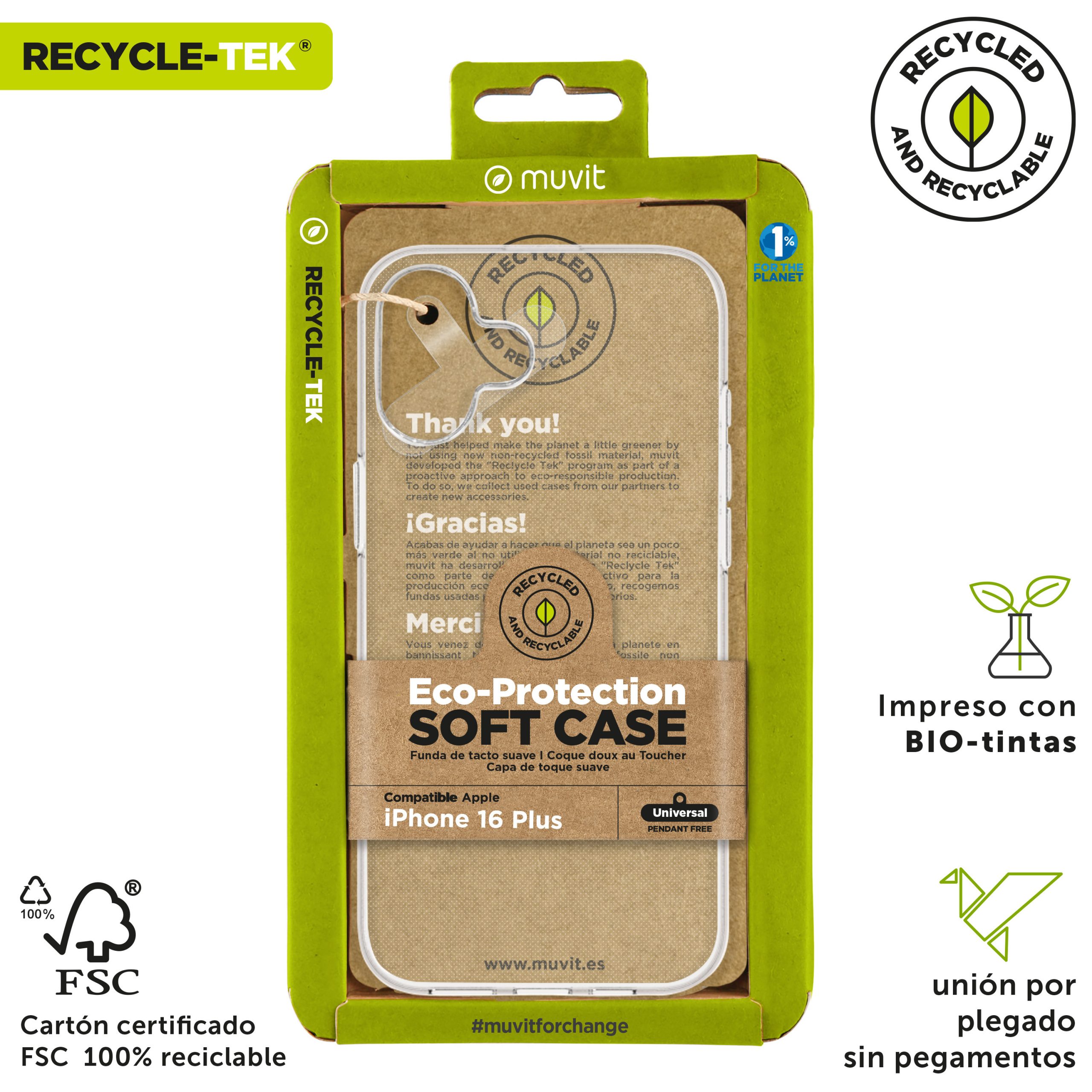 FUNDA MUVIT RECYCLETEK PARA APPLE IPHONE 16 PLUS TRANSPARENTE