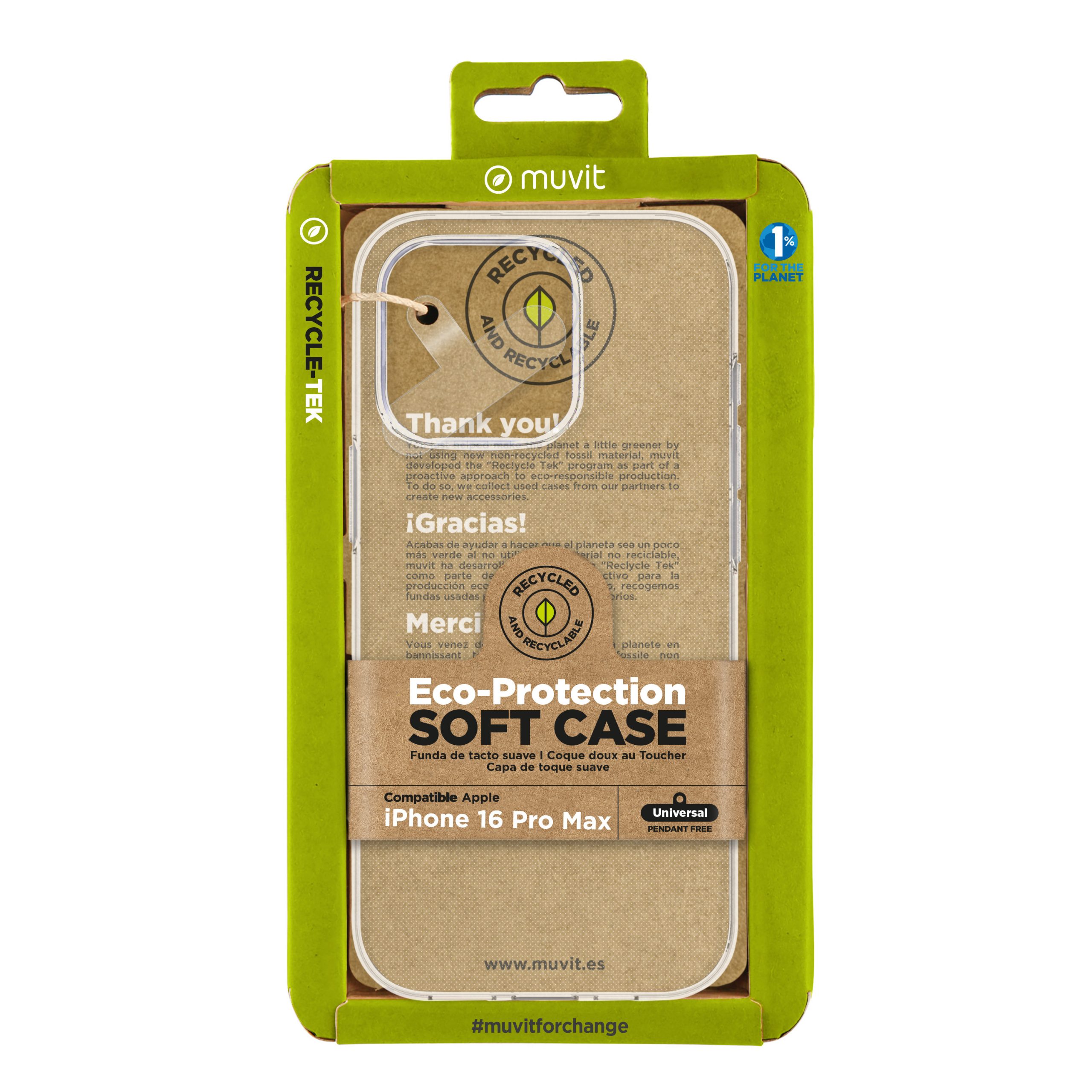 FUNDA MUVIT RECYCLETEK PARA APPLE IPHONE 16 PRO MAX TRANSPARENTE