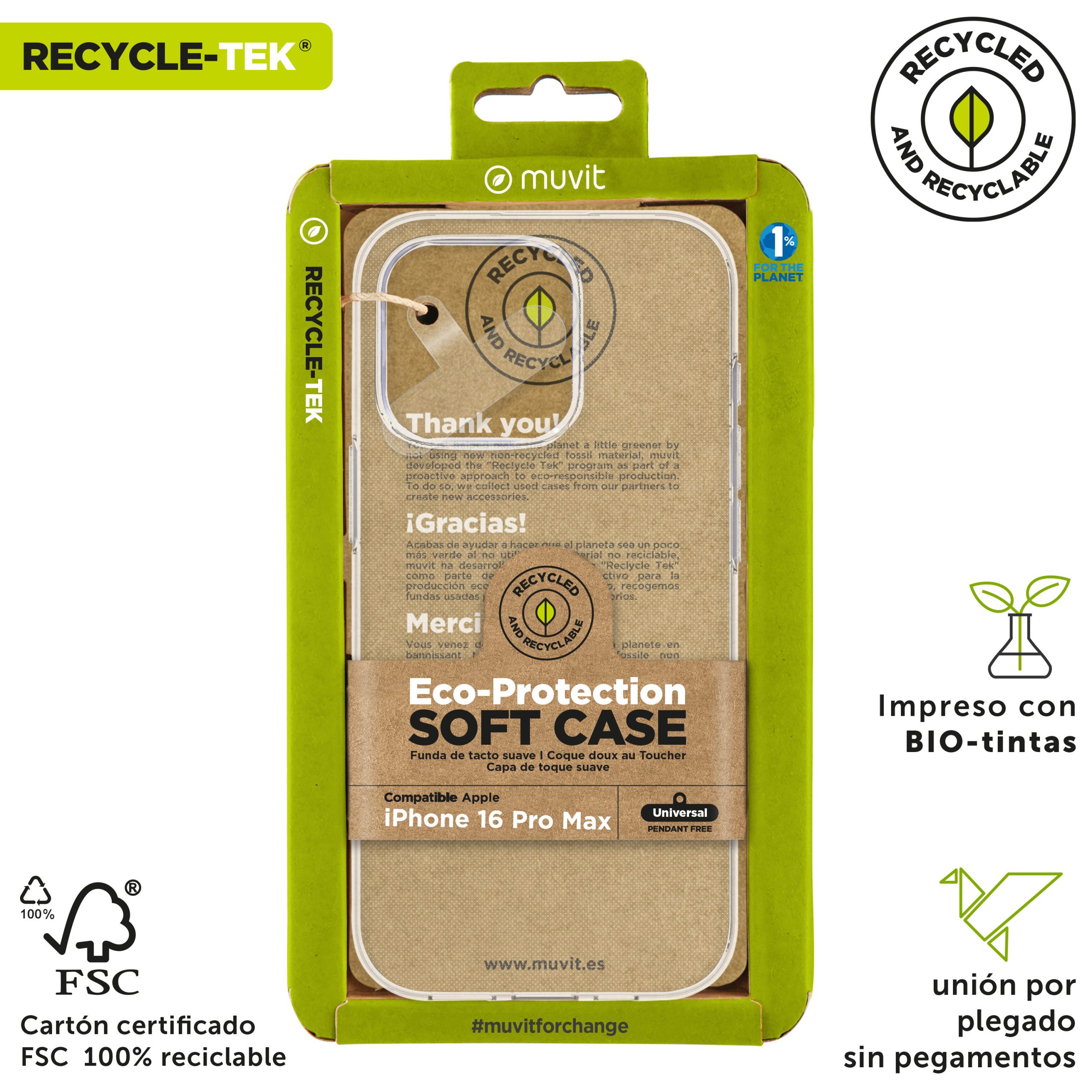 FUNDA MUVIT RECYCLETEK PARA APPLE IPHONE 16 PRO MAX TRANSPARENTE
