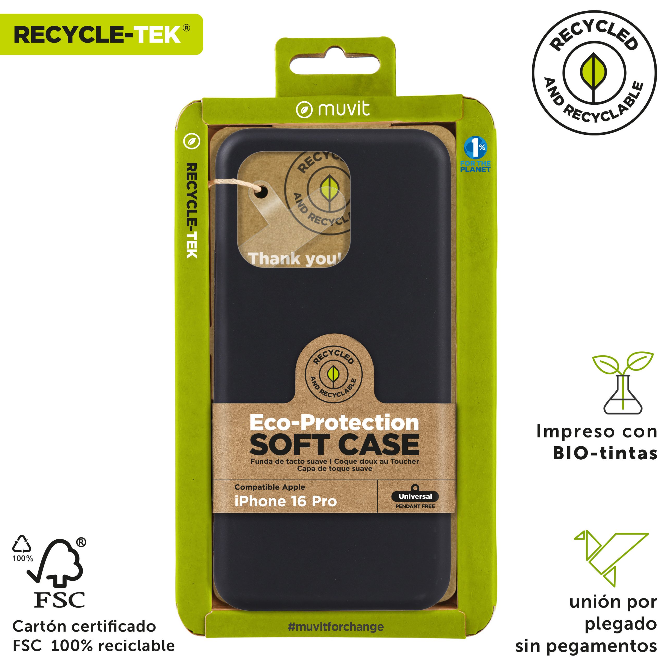 FUNDA MUVIT RECYCLETEK PARA APPLE IPHONE 16 PRO NEGRA