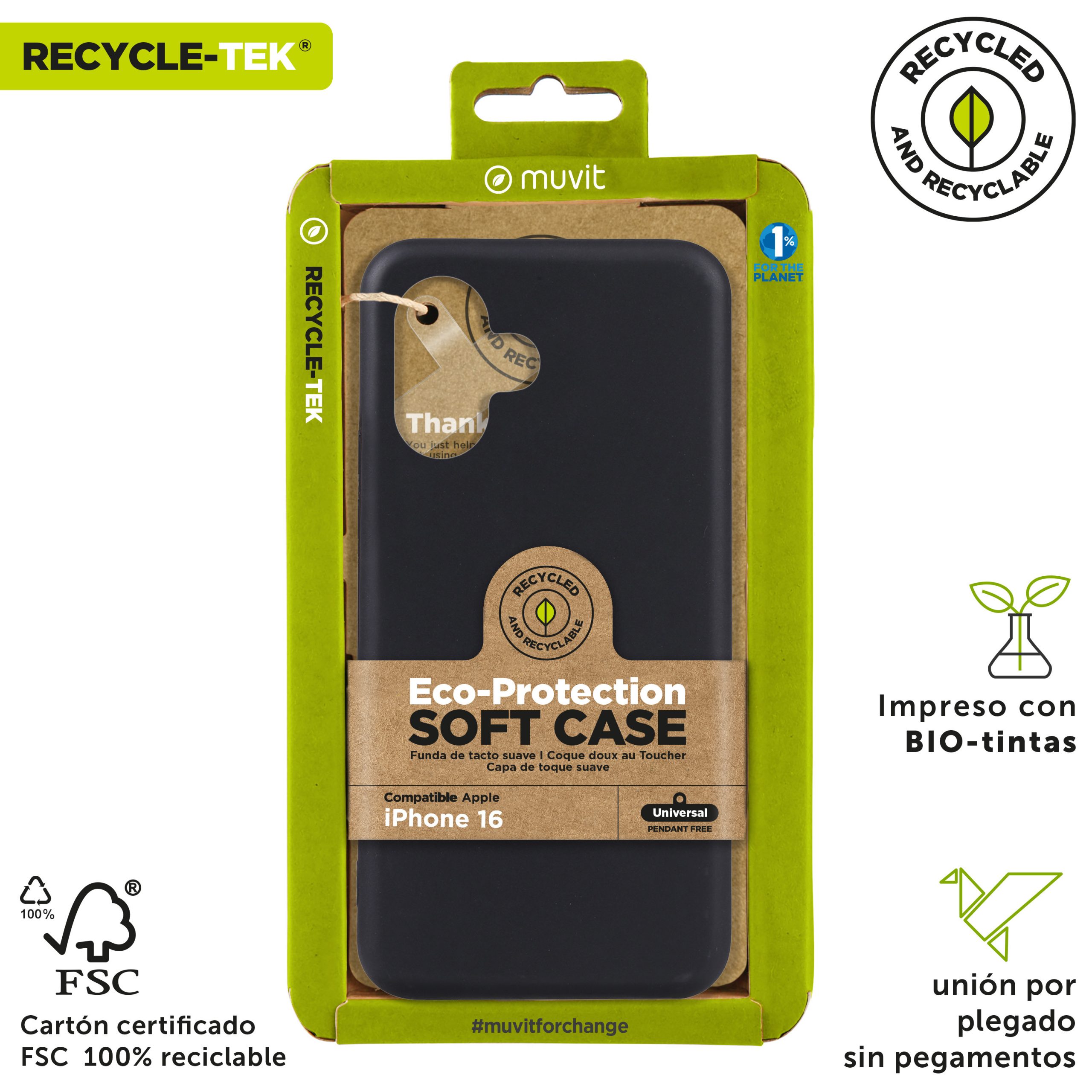 FUNDA MUVIT RECYCLETEK PARA APPLE IPHONE 16 NEGRA