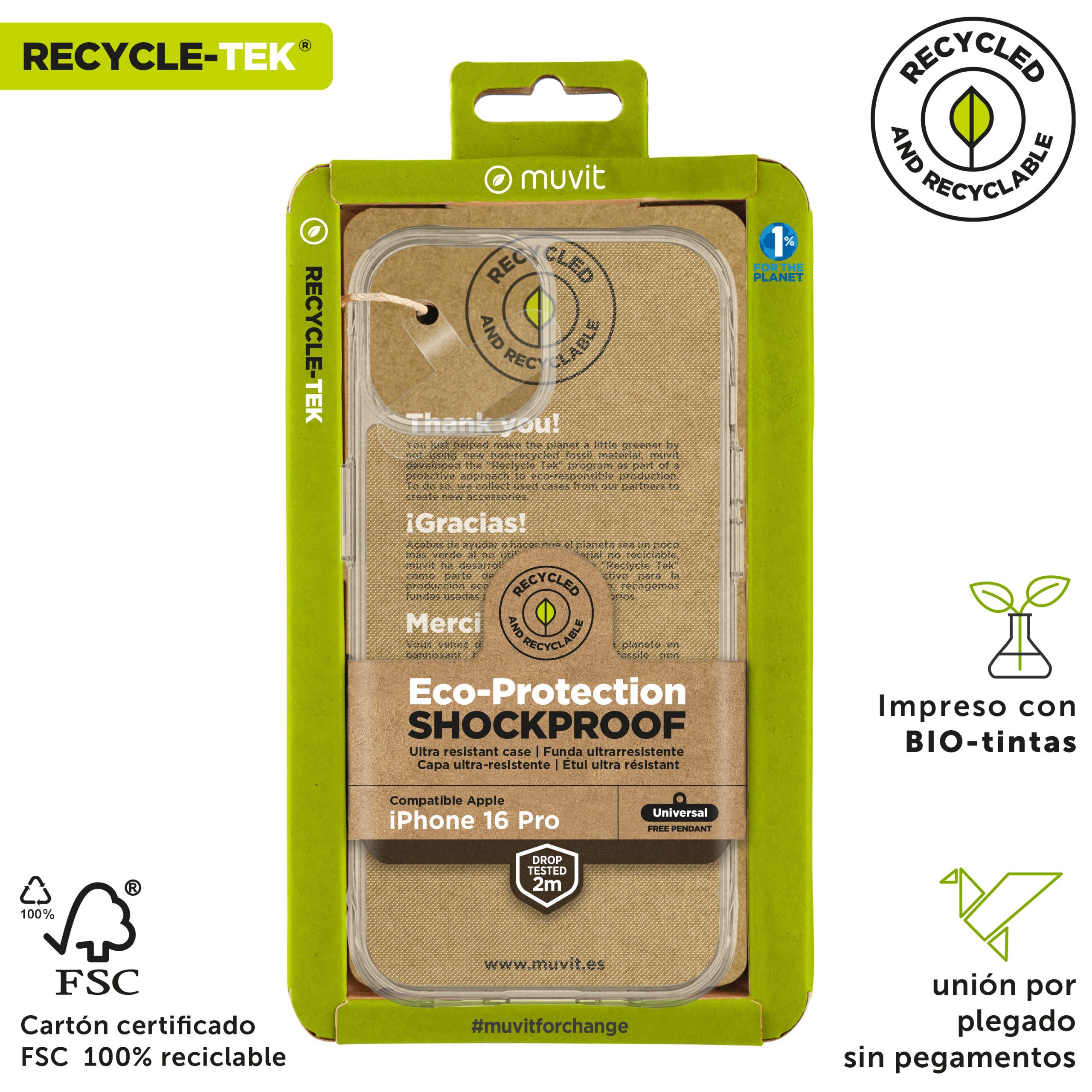 FUNDA MUVIT SHOCKPROOF 2M PARA APPLE IPHONE 16 PRO TRANSPARENTE