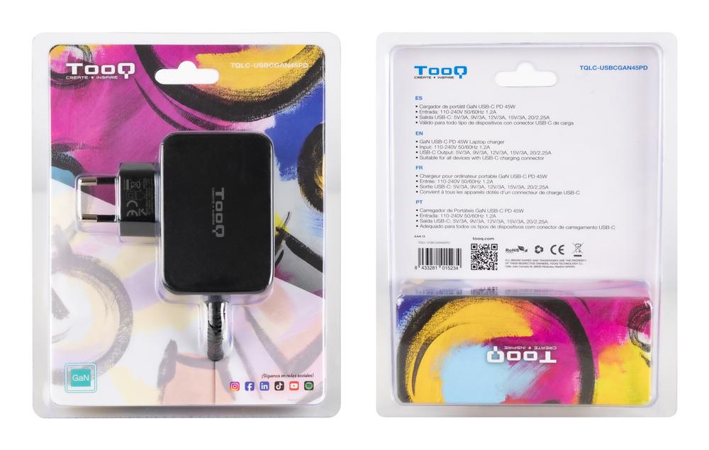 CARGADOR DE PARED TOOQ TQLC-USBCGAN45PD 45W GAN USB TIPO C NEGRO