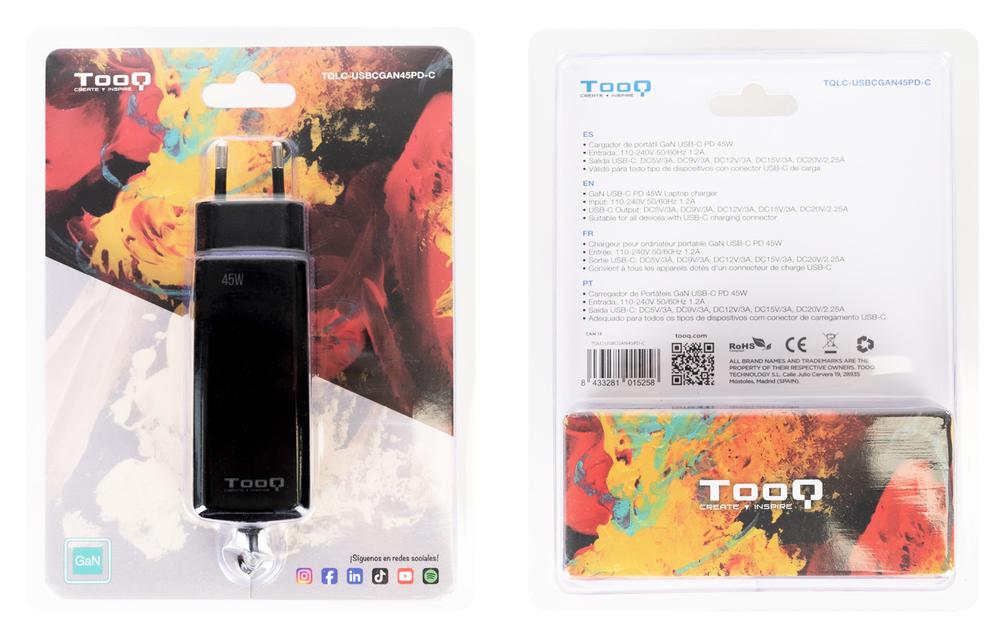 CARGADOR DE PARED TOOQ TQLC-USBCGAN45PD-C 45W GAN USB TIPO C NEGRO