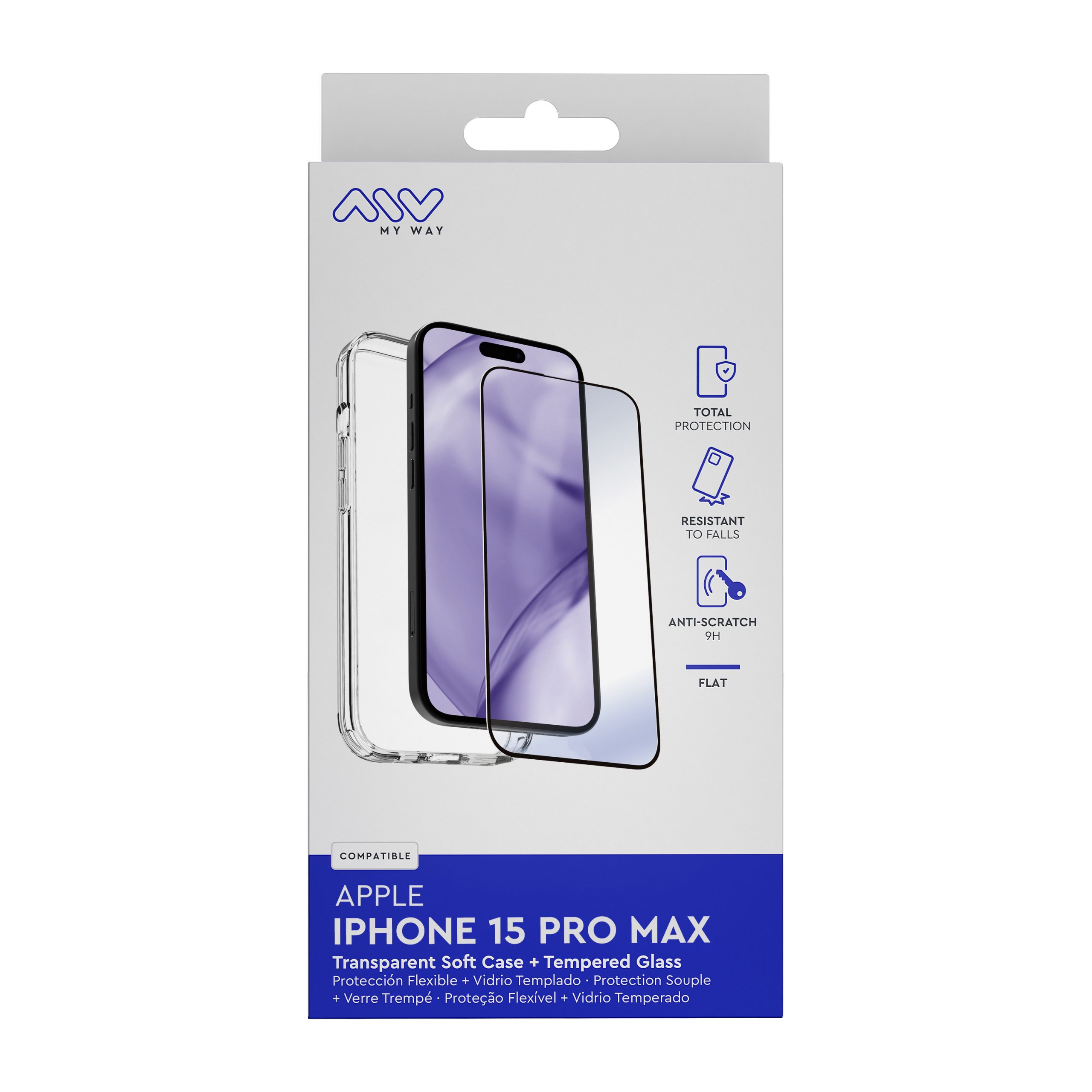 CARCASA MYWAY PARA APPLE IPHONE 15 PRO MAX TRANSPARENTE + PROTECTOR PANTALLA CRISTAL TEMPLADO