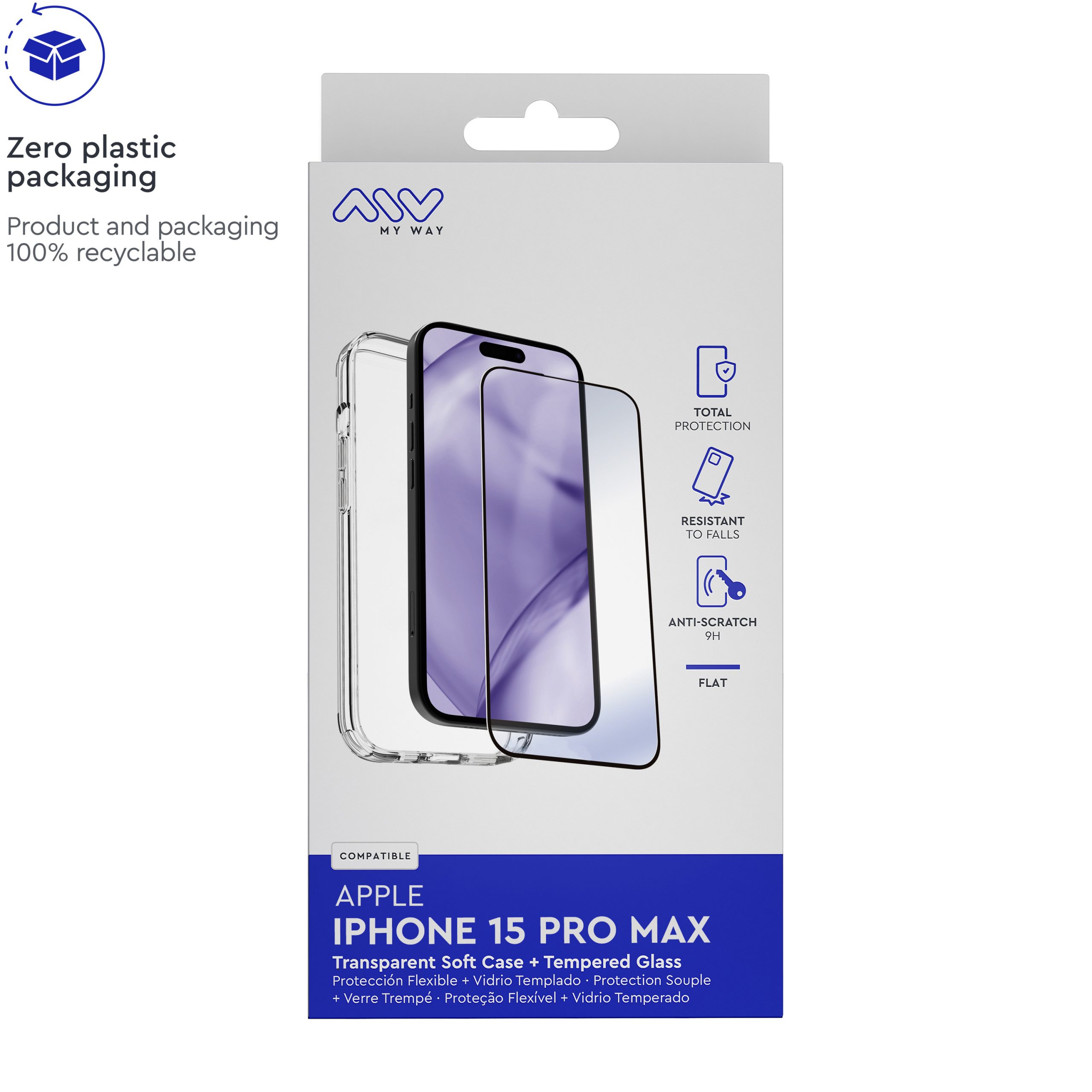 CARCASA MYWAY PARA APPLE IPHONE 15 PRO MAX TRANSPARENTE + PROTECTOR PANTALLA CRISTAL TEMPLADO