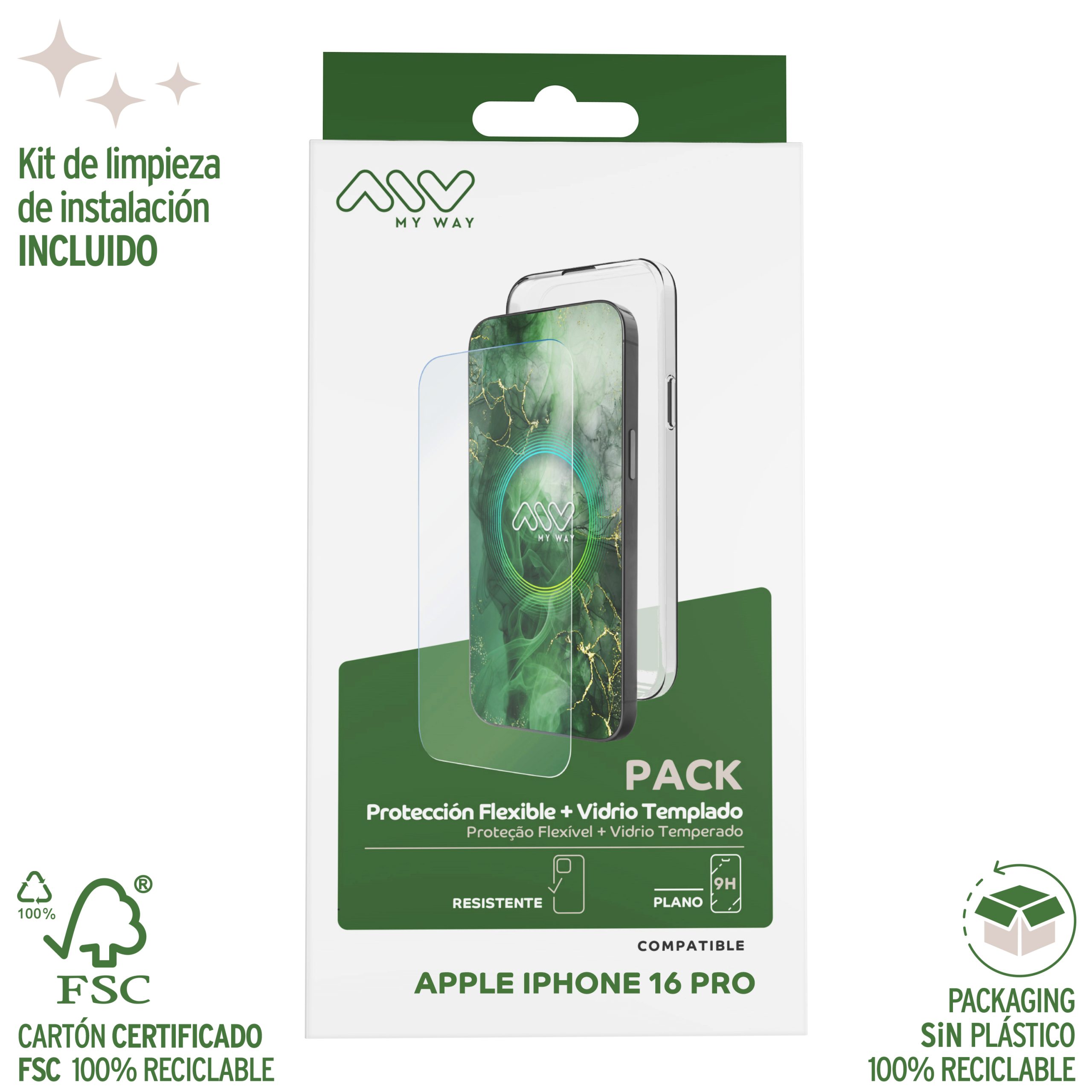 CARCASA MYWAY PARA APPLE IPHONE 16 PRO TRANSPARENTE + PROTECTOR PANTALLA CRISTAL TEMPLADO