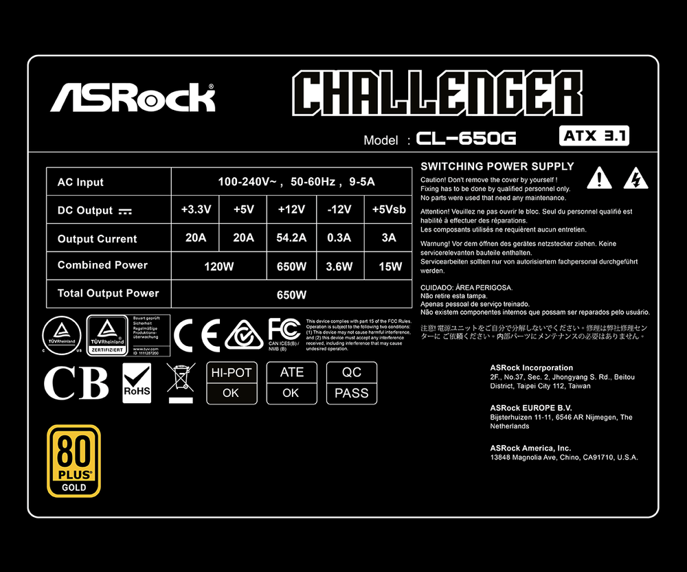 FUENTE ALIMENTACION ASROCK CHALLENGER CL-650G GAMING ATX 650W NEGRA