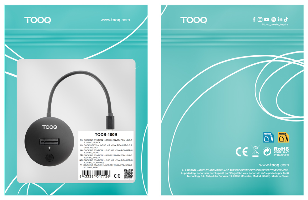 TooQ Docking Station USB-C 3.2 Gen 2x1 para SSD M.2 NVMe PICe, Negra