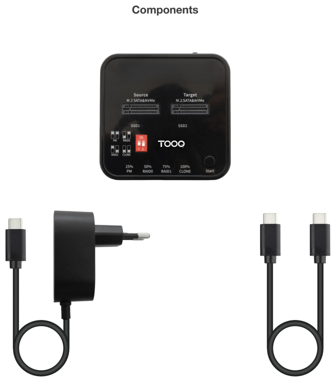TooQ Docking Station USB-C 3.2 Gen 2 Dual Bay para SSD M.2 NGFF/NVMe Clonador, Negro