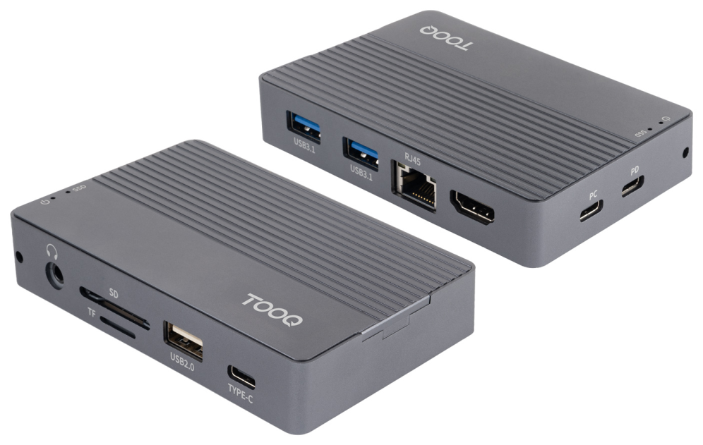 TooQ Caja externa para SSD M.2 NVMe/SATA + HUB USB-C 3.2 Gen2 con 2x USB-A 3.1 + 1x USB-A 2.0 + USB-C 3.2 Gen2 + HDMI 2.0 + RJ45 + SD/TF + AUDIO + USB-C PD 100W, Gris