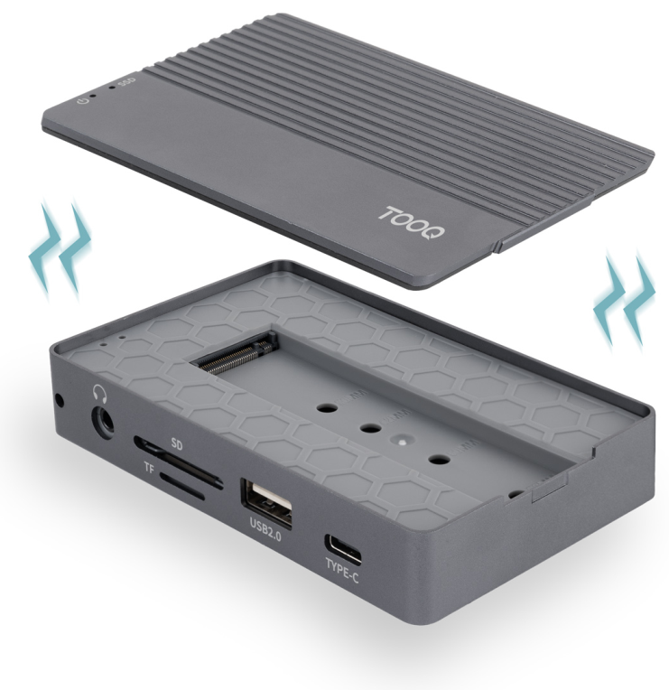 TooQ Caja externa para SSD M.2 NVMe/SATA + HUB USB-C 3.2 Gen2 con 2x USB-A 3.1 + 1x USB-A 2.0 + USB-C 3.2 Gen2 + HDMI 2.0 + RJ45 + SD/TF + AUDIO + USB-C PD 100W, Gris