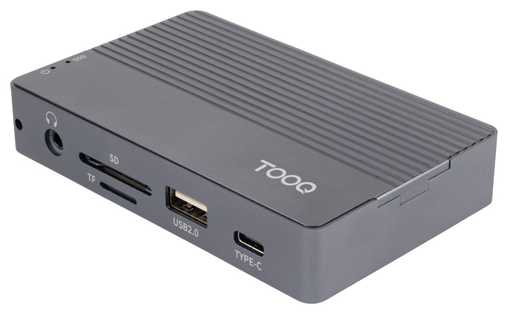 TooQ Caja externa para SSD M.2 NVMe/SATA + HUB USB-C 3.2 Gen2 con 2x USB-A 3.1 + 1x USB-A 2.0 + USB-C 3.2 Gen2 + HDMI 2.0 + RJ45 + SD/TF + AUDIO + USB-C PD 100W, Gris