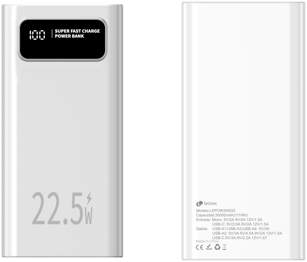 Leotec LEPOW30W22W batería externa Polímero de litio 30000 mAh Blanco