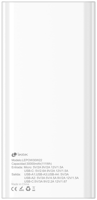 Leotec LEPOW30W22W batería externa Polímero de litio 30000 mAh Blanco
