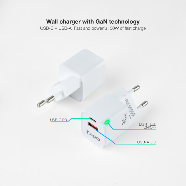 TooQ Cargador de Pared GaN USB-C/PD + USB-A/QC 30W, Blanco