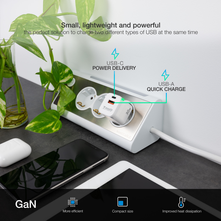 TooQ Cargador de Pared GaN USB-C/PD + USB-A/QC 30W, Blanco