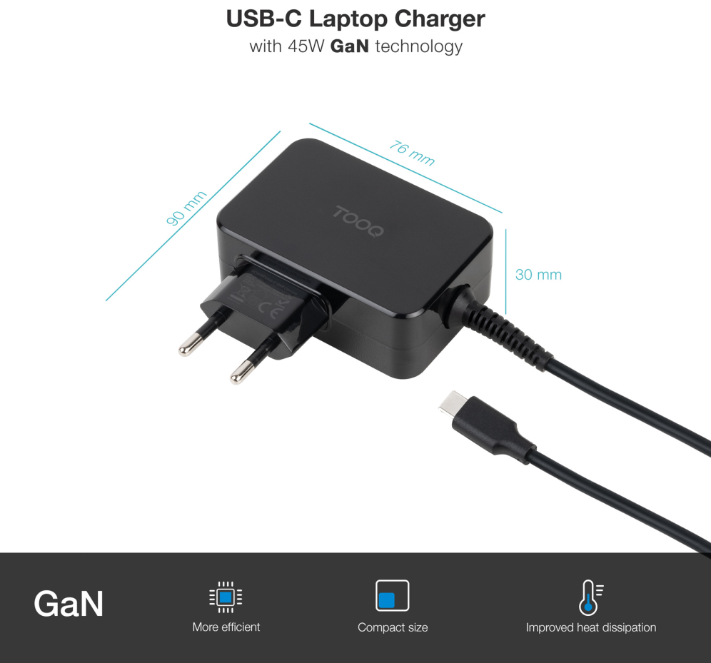 TooQ Cargador de portátil GAN USB-C PD 45W, Negro