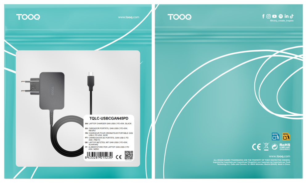 TooQ Cargador de portátil GAN USB-C PD 45W, Negro