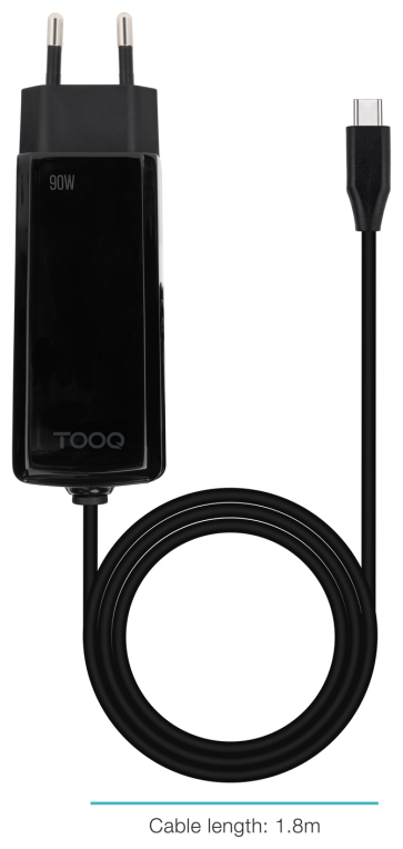 TooQ Cargador de portátil GAN USB-C PD 90W, Negro