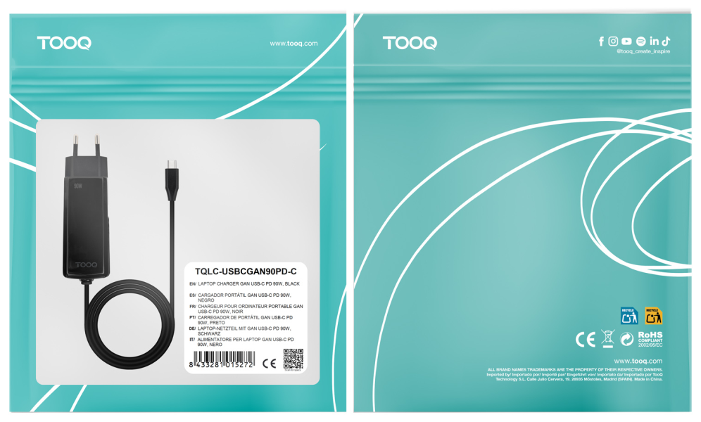 TooQ Cargador de portátil GAN USB-C PD 90W, Negro