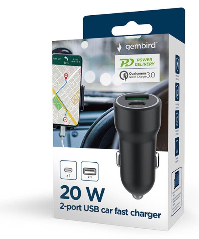 Gembird TA-UC-A2PDQC20-CAR-01 cargador de dispositivo móvil Universal Negro Encendedor de cigarrillos Carga rápida Auto