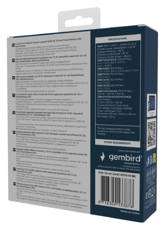 Gembird TA-UC-2A4C-PD75-01-BK cargador de dispositivo móvil Universal Negro Corriente alterna Carga rápida Interior